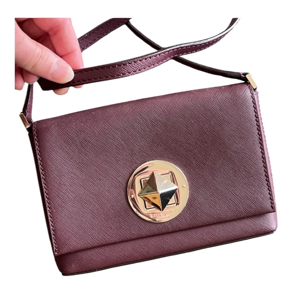 Kate Spade Newbury Lane Sally Turn Lock Crossbody Leather Purse Small Wine